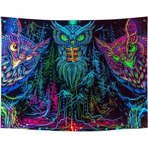 UV-tapijt psychedelische muurophanging - zwart licht uil tapijt esthetisch sterrenhemel wanddoek hippie boho voor slaapkamer woonkamer decoratie, 150 x 130 cm