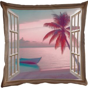 Sierkussens - Kussentjes Woonkamer - 45x45 cm - Doorkijk - Strand - Palmboom - Tropisch