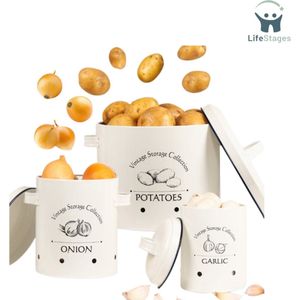 LifeStages - Aardappelbak - Voorraadpotten Set: Aardappelpot en Uienpot en Knoflookpot – 3 Voorraadbussen met Deksel – Aardappelbak - Bewaardoos - Voorraadblikken - Geëmailleerd RVS