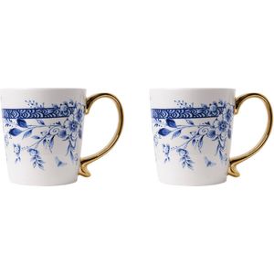 Heinen Delfts Blauw mok met oor bloemen set van 2 met gouden oor - 300 ml