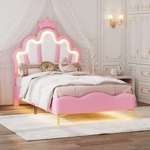 Sweiko Kinderbed, 90x200cm, Meisjes Kroonvormig Prinsessenbed, Zacht PU lederen interieur, Verstelbare LED sfeerlichtstrip, Roze (Geen matras)