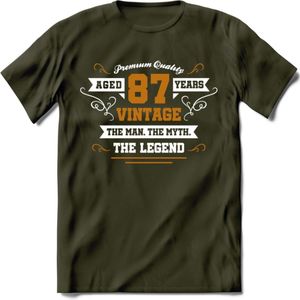 87 Jaar Legend T-Shirt | Goud - Wit | Grappig Verjaardag en Feest Cadeau Shirt | Dames - Heren - Unisex | Tshirt Kleding Kado | - Leger Groen - M