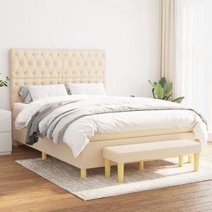 The Living Store Boxspringbed X - 140 x 190 cm - Crème - Pocketvering Matras - Verstelbaar Hoofdbord - Huidvriendelijk Topmatras - Multifunctioneel Bankje