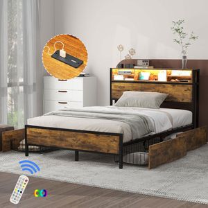 Sweiko 140*200cm Tweepersoonsbed met lattenbodem en hoofdeinde, LED bed met USB-oplaadaansluiting, Junior bed met 4 laden voor volwassenen en junioren, Opbergfunctie, Metaal, Bruin