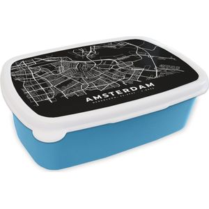 Broodtrommel Blauw - Lunchbox - Brooddoos - Amsterdam - Kaart - Zwart - 18x12x6 cm - Kinderen - Jongen