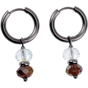 ∅18mm x 2,5mm Oorbellen Dames - Gepolijst RVS - Oorringen met Bruine Gefacetteerde Kristalkrallen Hanger - Bungelende Oorbellen