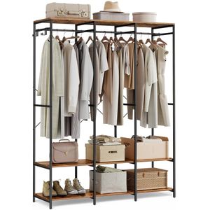 Open Kledingkast - Kledingrek - Kleding Rek - Open - Met Haken en Planken - Bruin - Hout - 40x141x180 cm