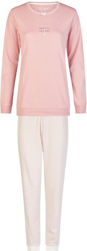 By Louise Dames Winter Pyjama Set Lang Interlock Roze/Wit Gestreept - Maat S