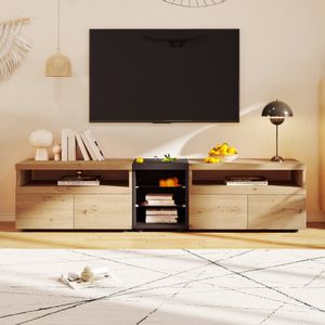 TV-meubel, onderstel met lades en glazen verdelers, kleurblokontwerp in zwart en hout. 201*40*48cm