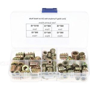 80 stuks Zinklegering Inwendige Schroefdraad Meubels Insert Moer Set - M4/M5/M6/M8/M10 Hex Drive Bouten Reparatie Tool assortiment .