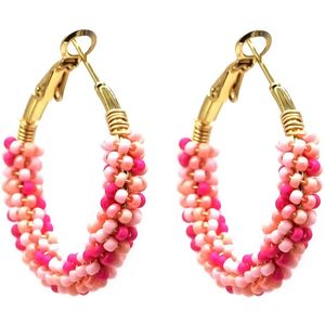 Oorbellen - Glaskralen - Oorringen RVS - 3,5 cm - Goudkleurig en Roze