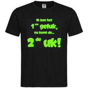 Shirt Aankondiging zwangerschap Ik ben het 1ste geluk, nu komt de ... 2de uk! | korte mouw | zwart/fluor green | maat 122/128 zwangerschap aankondiging bekendmaking Baby big sis bro sister brother Grote Zus Broer