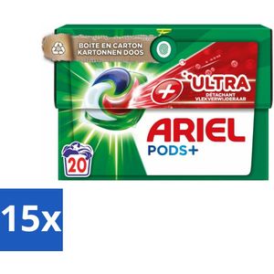 15 x Ariel +Ultra - Vlekverwijderaar & Wasmiddelcapsules - Pods+ - Witte en Gekleurde Was - 20 Wasbeurten - Ultra - Koud Water - Ecologische Verpakking - 20 Wasbeurten