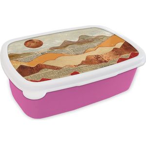 Broodtrommel Roze - Lunchbox Vintage - Krant - Brons - Abstract - Landschap - Kleuren - Brooddoos 18x12x6 cm - Brood lunch box - Broodtrommels voor kinderen en volwassenen