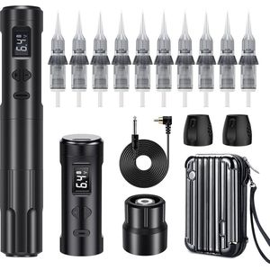 DailySupplies® Hoge Kwaliteit Tattoo Machine met Accessoires - Tattoo Machines Draadloos - Tattoo Set Inclusief Inkt en Naalden - Tattoo Kit met Opbergkoffer - Voor Professionals en Beginners - Zwart