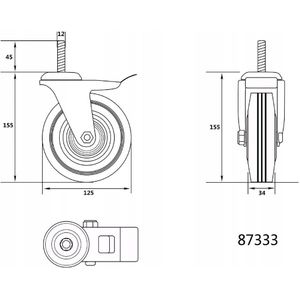 Zwenkwiel 125mm met Rem, M12 Schroefdraad, 100kg Draagvermogen