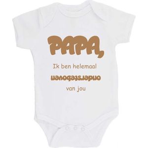 100% katoenen Romper bedrukt met grappige tekst Kado Cadeau Kraamkado Kraamcadeau Vaderdag ""Papa, ik ben helemaal ondersteboven van jou"" Unisex Katoen Wit/cappuccino Maat 56/62
