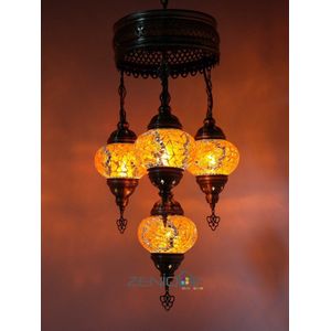 Turkse Lamp - Hanglamp - Mozaïek Lamp - Marokkaanse Lamp - Oosters Lamp - ZENIQUE - Authentiek - Handgemaakt - Kroonluchter - Oranje - 4 bollen