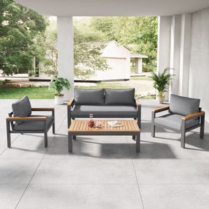 Loungeset, tuinmeubelset met gegalvaniseerd stalen frame, (brede set, 4-delige eethoek, 1x 2-zitsbank, 2x losse stoelen, 1x tafel), acaciahouten tafelblad en armleuningen, grijs