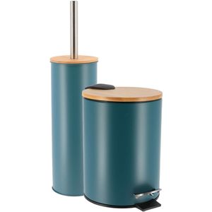 Tendance Badkamerset prullenbak en toiletborstel - Bamboo vibe - soft close - petrol - 3 liter - metaal