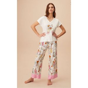 Suwen- Dames 2- Delige -Pyjama- Luxe Pyjamaset- Nachtkleding -Homewear- Roze Print Maat M