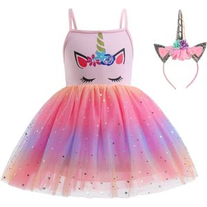 Joya Kids® Roze Eenhoorn Zomer Verkleed Jurk | Unicorn Jurk kostuum | Prinsessen jurk verkleedjurk + Haarband | Jurk spaghettibandjes | Maat 150 | cadeau meisje