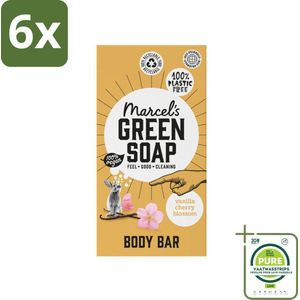 Marcel's Green Soap - Body Bar - Vanilla & Cherry Blossom - Verzorgend & zacht - 150 gr - Voordeelverpakking - 6 stuks - Biologische zeep - Vegan zeep
