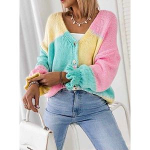 Colorblock Pastel Vest - Roze/Geel/Mint Gekleurd Vest - Gouden Knopen - V Hals - One size (Tot maat 40) - Roze/Geel/Mint