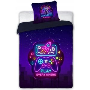 Neon Game Gamepad Katoenen Dekbedovertrek Set 160x200 cm