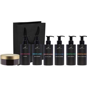 Shower & Wash Set - Fresh Ginger + Hamam + Hammam Herbal + Sweet Orange & Cedarwood + White Lotus + Zen Moment en Scrubzout 300 gram - bodycare - met luxe gift tas - set van 7 stuks - Cadeau - giftset voor hem en haar