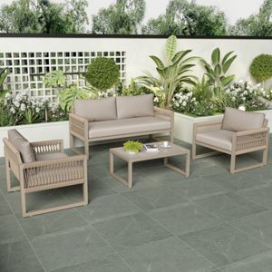 Tuinloungeset met gegalvaniseerd ijzeren frame, touw tuinmeubelset, khaki touw loungeset met zitkussens, verstelbare poten, glad glazen blad, set van 4, inclusief alle kussens