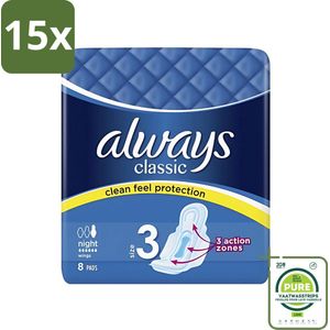 15 x Always Classic - Maandverband - Maat 3 - Night - Clean Feel Protection - 8 Pads - Grootverpakking - Nachtverband - Maandverband - Always - Always Classic - Bescherming