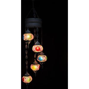 Hanglamp multicolour paars roze glas mozaïek 5 bollen Turkse Oosterse Crèmewit Marokkaanse kroonluchter