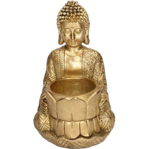 1x Zittende Boeddha waxinelichthouder goud 14 cm - Woondecoratie/woonaccessoires - Decoratiebeeldjes - Waxinelicht/kaars/theelicht houders - Boeddhabeelden voor in huis