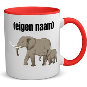 Akyol - olifant en kleine met eigen naam koffiemok - theemok - rood - Olifant - dieren liefhebber - mok met eigen naam - iemand die houdt van olifanten - verjaardag - cadeau - kado - geschenk - 350 ML inhoud