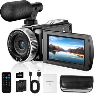 Digitale videocamera 4K, 48MP foto/4K 60FPS videorecorder, beginnende videocamcorder voor vloggen Youtube, met 2 batterijen/externe MIC/SD-kaart/afstandsbediening