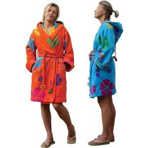 Dames badjas oranje - lengte 100cm - capuchon - velours katoen - maat XS/S