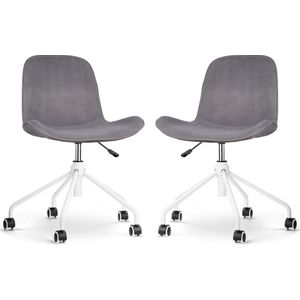 Nolon Nout-Fé Bureaustoelen Set van 2 Velvet Grijs - Stof - Fluweel - Verstelbaar - Wieltjes - Wit Onderstel