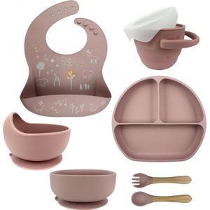 Kinderservies set - 6 delig Roze - Siliconen - Antislip - Baby - Kind - Kinderbord - Kommetje - Slabber met opdruk - Besteksetje - Bakje - Snack cup - Met zuignap - Vanaf 6 maanden - Kraamcadeau – Babyshower cadeau