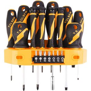 Tolsen Schroevendraaierset 19-delig - Gereedschapset - Bitset - 11x Schroevendraaiers, 7x Bits en 1x Moerschroevendraaier: 1/4"" x 100 mm