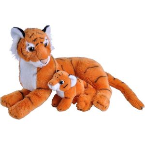 Pluche oranje tijger met jong knuffel 38 cm - Tijgers Wilde dieren knuffels - Speelgoed voor kinderen
