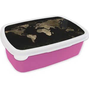 Broodtrommel Roze - Lunchbox - Brooddoos - Wereldkaart - Zwart - Goud - 18x12x6 cm - Kinderen - Meisje