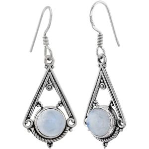 Zilveren oorbellen met hanger dames | Zilveren oorhangers, bewerkte triangel met maansteen