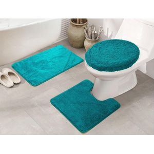 Lucy's Living Luxe 3 SET badmat + wc mat + toiletmat  Turquoise  – 50 x 80 cm - 50 x 50 cm - 50 x 52 cm - douchemat - badmatten - badmat antislip - badkamer - badmat zwart - badtextiel - polyester - wc mat