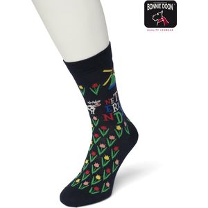 Bonnie Doon Dames Sokken met Holland Print maat 36/42 Donker Blauw - Thema Sokken - Nederland - Souvenir - Cadeau Sokken - Zacht Katoen met Gladde Teennaad - Comfortabel - Perfect Cadeau - Black Iris - BT991113.134