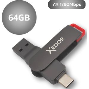 Xedor® USB Stick Blaze 64 GB - USB C en USB A 3.2 Gen 1 - 1760Mbps - Geschikt voor iPhone 15 & 16 (Pro) en Android