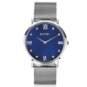ZINZI Roman horloge donkerblauwe parelmoer wijzerplaat, witte zirconia's bij uuraanduiding, stalen mesh band 34mm extra dun ZIW546M