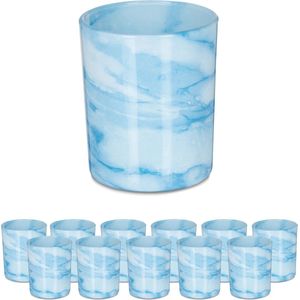 Relaxdays theelichthouders - set van 12 - kaarsjeshouders - glas - marmer look - blauw