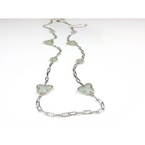 lange zilveren halsketting collier halssnoer gerhodineerd Model Vlinder en Bol met licht blauwe stenen