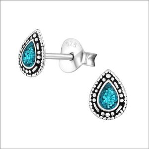 Aramat jewels ® - Bali kinder oorstekers druppel 925 zilver glitter blauw 4mm x 6mm